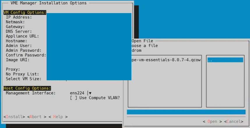hpe-vm 콘솔 VME Manager 설치 화면